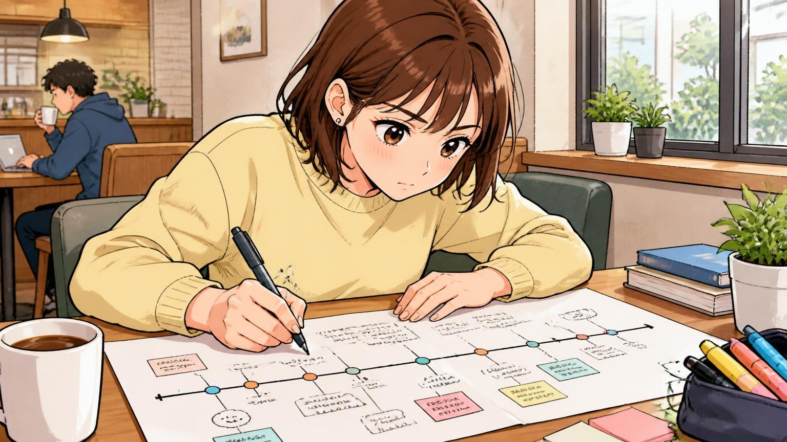 コンピテンシー面接のために人生の年表を作る。カフェで20代女性1人。年表を真剣に書き込む