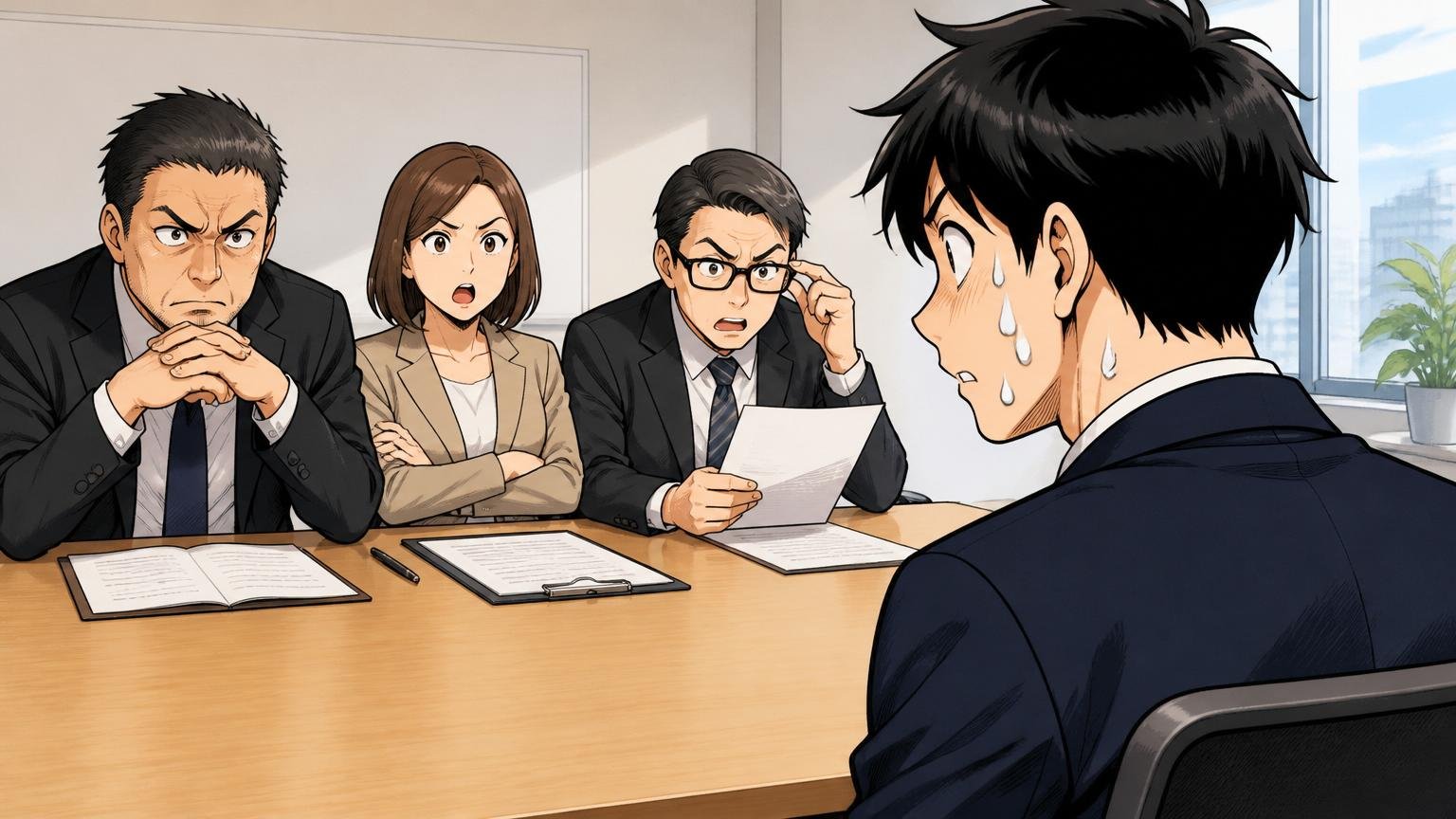 一次面接で落ちた場合に多い3つの原因 大手SIerの会議室で面接官と向き合うITエンジニア1人 緊張した表情