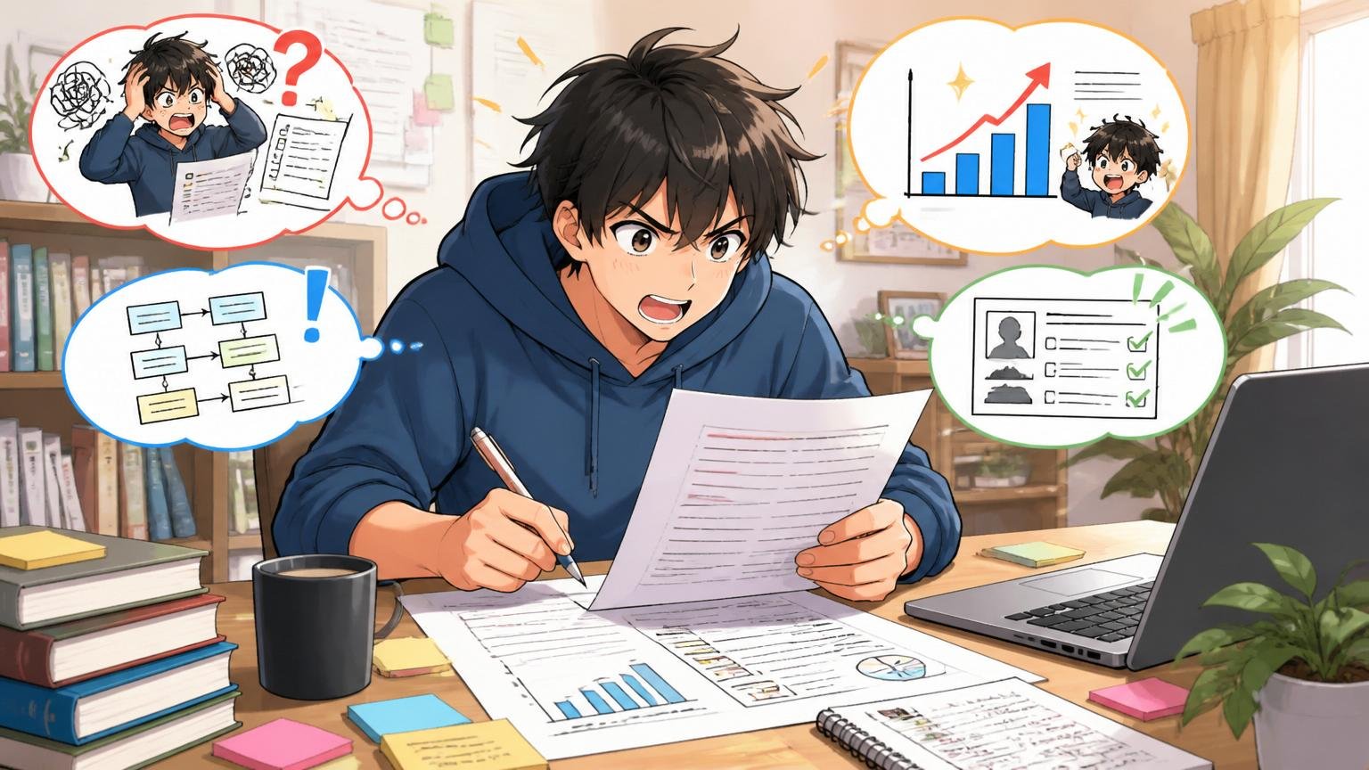 職務経歴書を実績ベースで書き直す、自宅のデスクで課題と成果を整理しながら書類を作り直すエンジニア