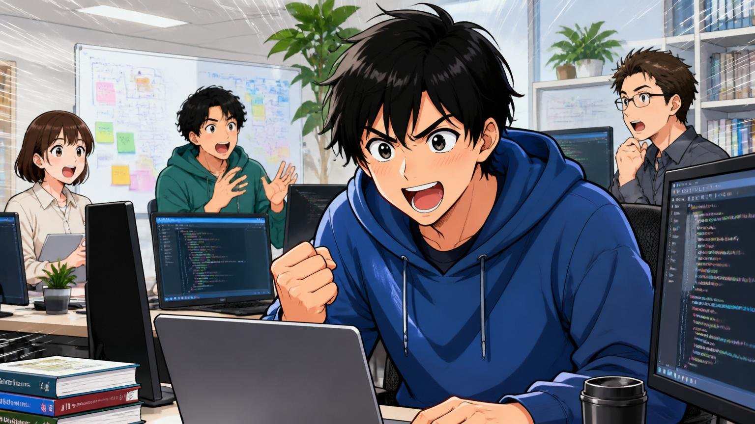 向いていないかもしれない人｜Web系オフィスで最新技術に意欲的な20代エンジニア、熱意ある表情