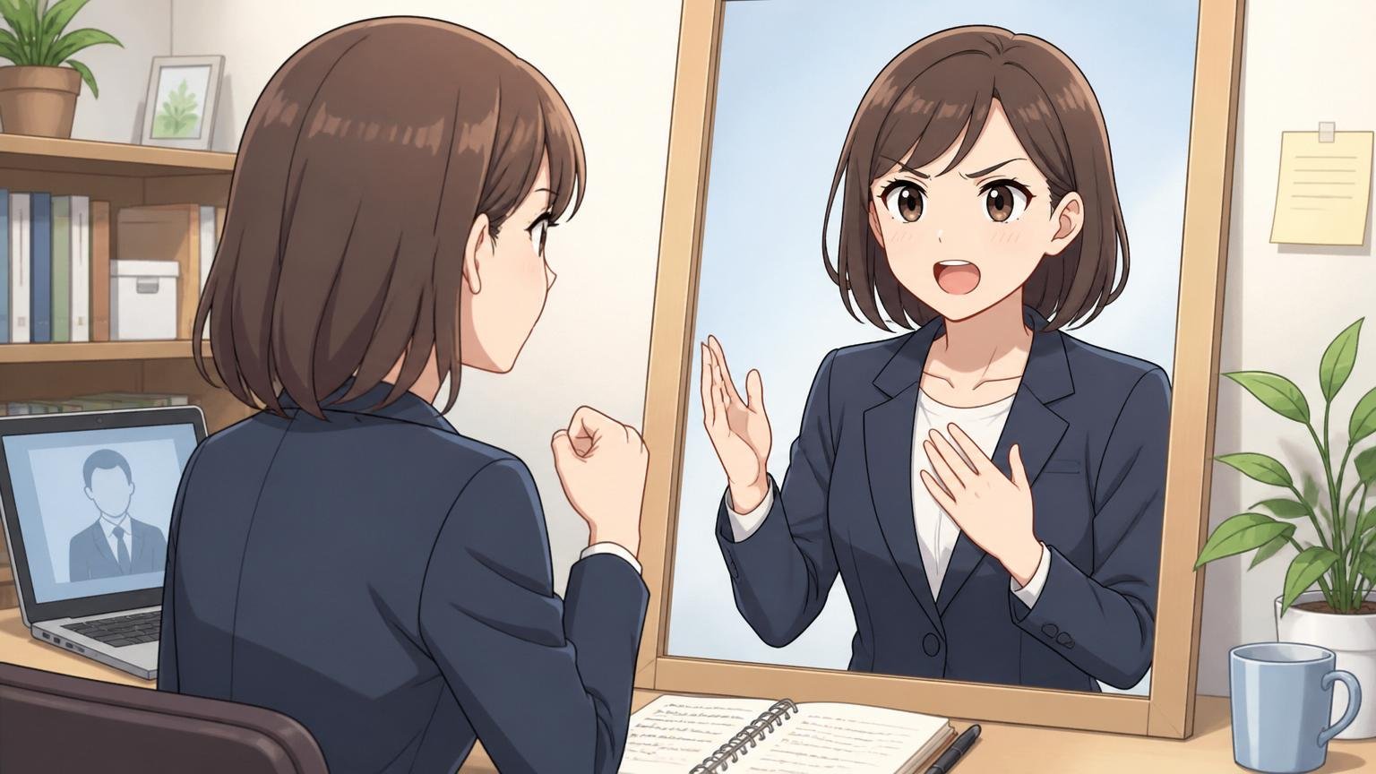 面接で落ちた人のチェック。自宅で女性エンジニアが鏡の前で面接の受け答えを練習する表情