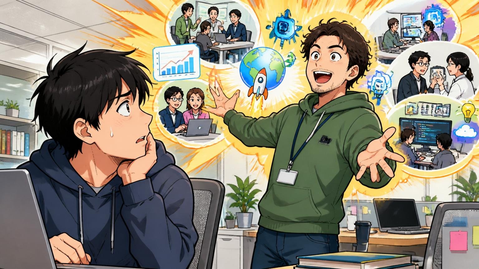1社にこだわりすぎる危険で視野が狭くなっていないか、Web系スタートアップのオフィスで視野を広げるよう促されるエンジニア1人