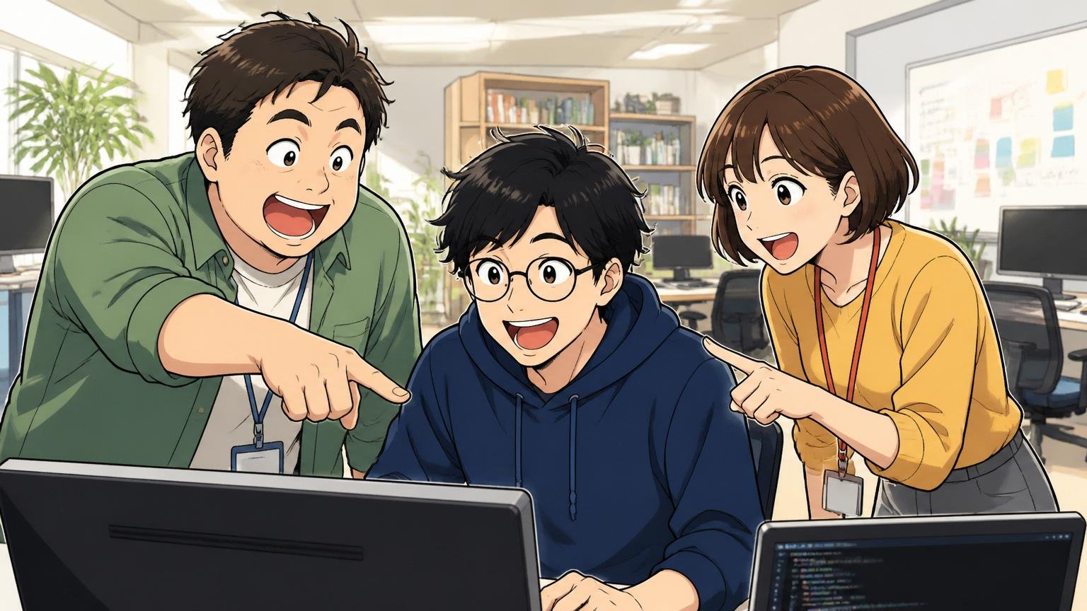 Web系スタートアップのオフィスで明るく働くエンジニア複数名、笑顔で画面を指さす3人のシーン