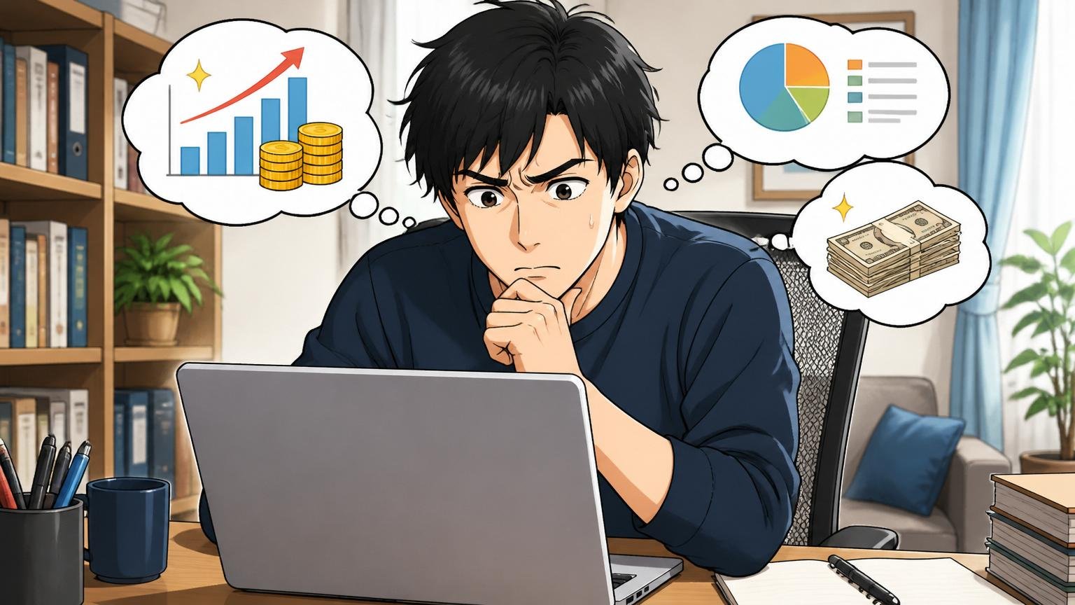 自分の市場価値や年収相場を調べる30代エンジニア、自宅のデスクでノートPCの画面を見つめる