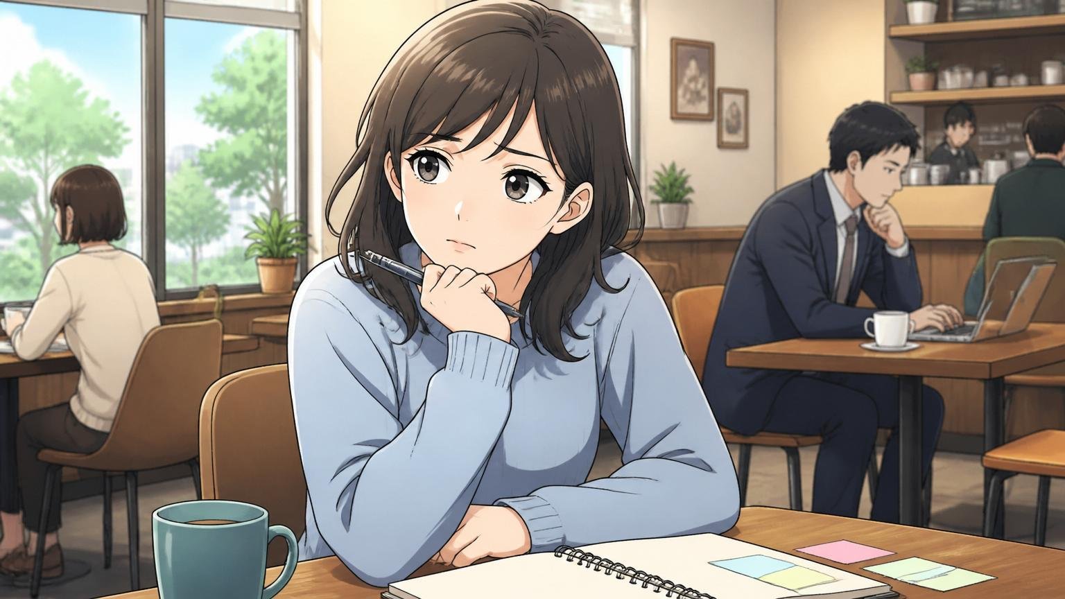 この会社に行きたかったのかを問い直す、カフェで自分のキャリアを見つめ直す女性、1人、内省する表情