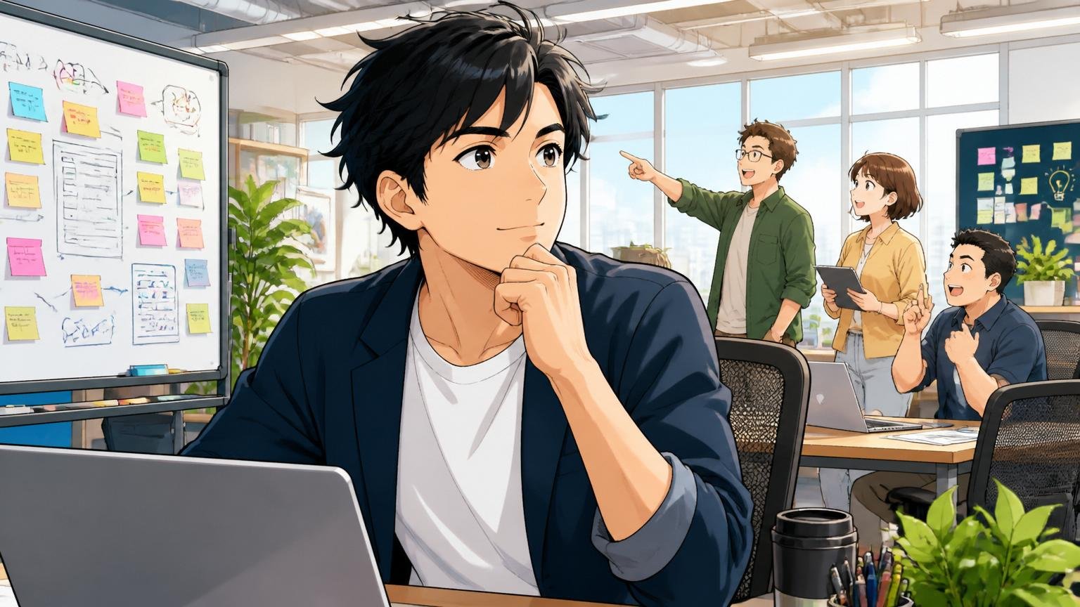 広い選択肢に視野を広げるエンジニア、Web系スタートアップのオフィスで前を見据える30代男性1人