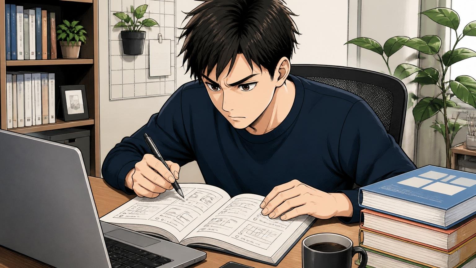 適性検査の対策をする、自宅のデスクで問題集とPCに向かう20代後半エンジニア、集中した様子