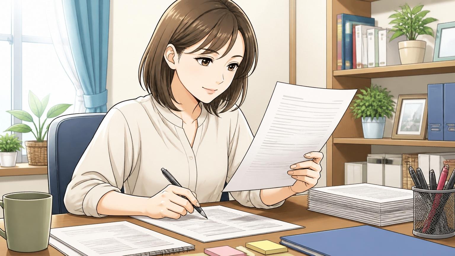 「期間を空け準備をやり直す」自宅デスクで30代女性が落ち着いた表情で応募書類の準備を進める