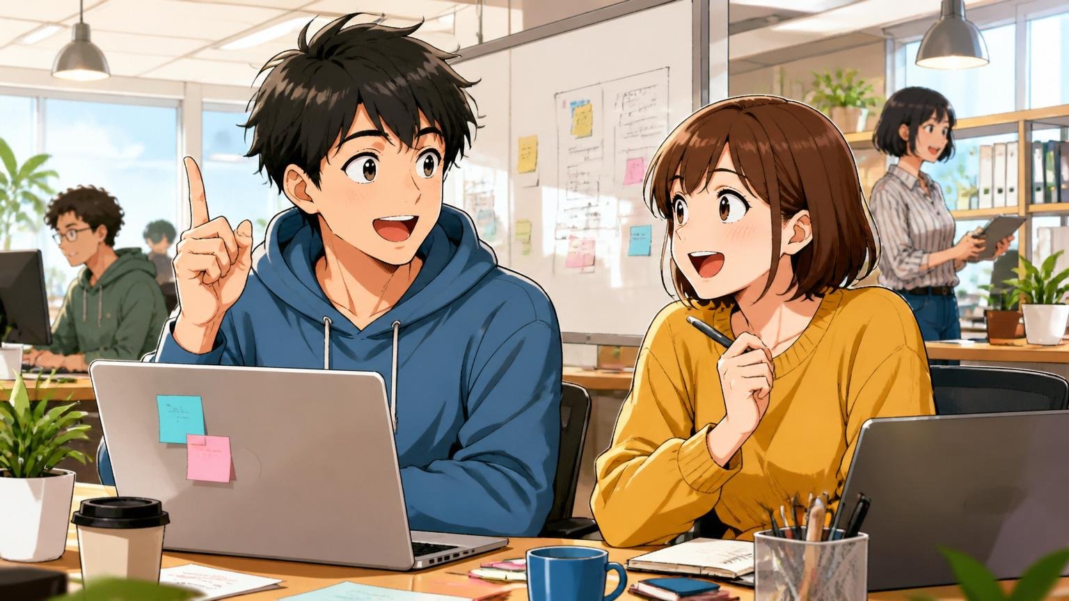 新しい選択肢に目を向けるエンジニア、Web系スタートアップのオフィス、2人、明るく前向きに話す表情