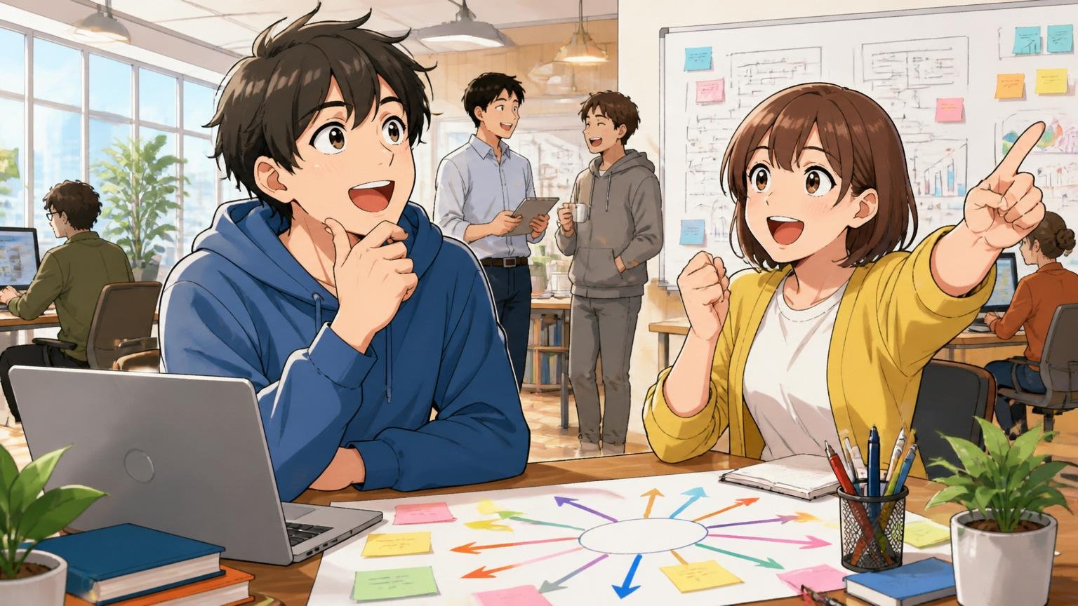 広い選択肢に目を向けて方向転換を考えるエンジニア、Web系スタートアップのオフィスで明るい表情の2人の男女