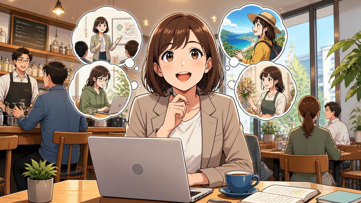 新しいキャリアの選択肢を前向きに考える女性、ノートパソコンを開いたカフェの席、1人、晴れやかな表情