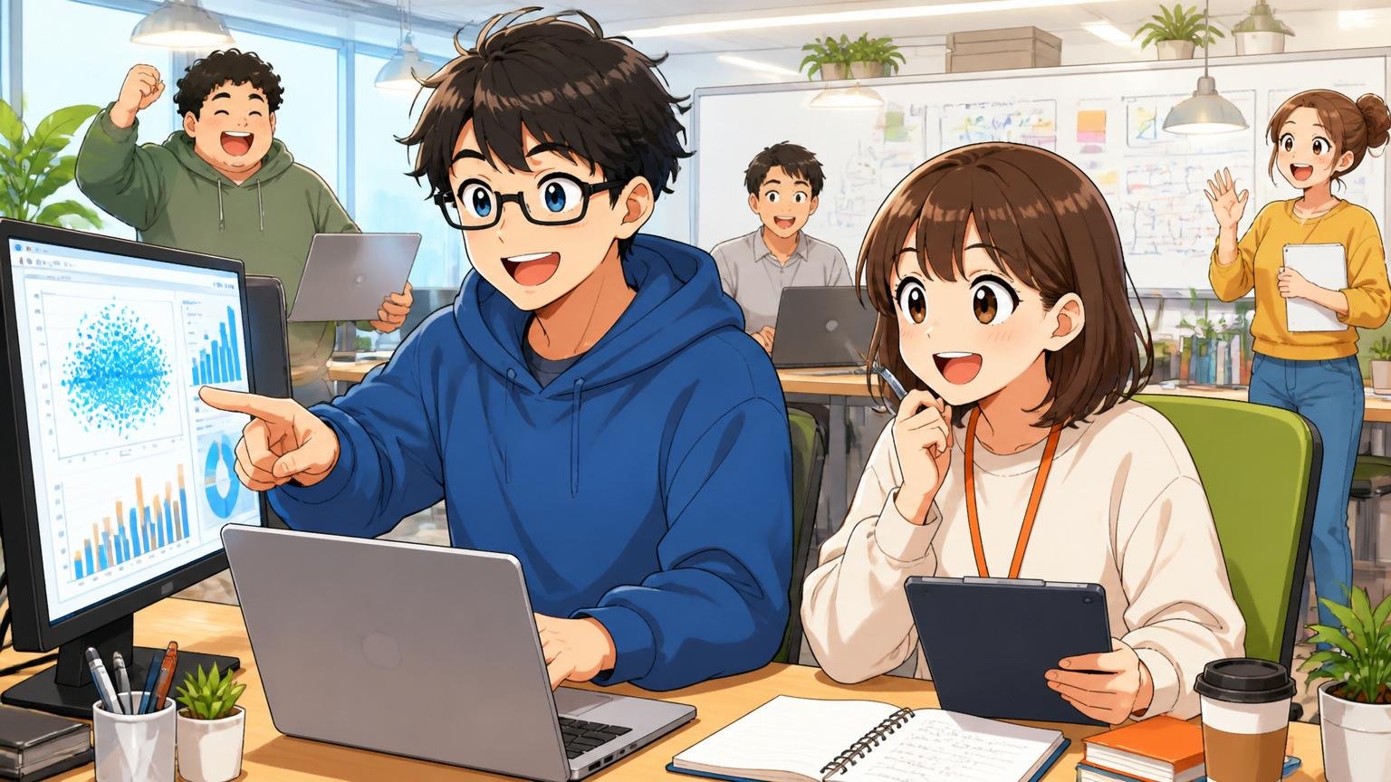 Web系スタートアップの明るいオフィスで新しい職場に馴染んで働くデータサイエンティストの男女の場面