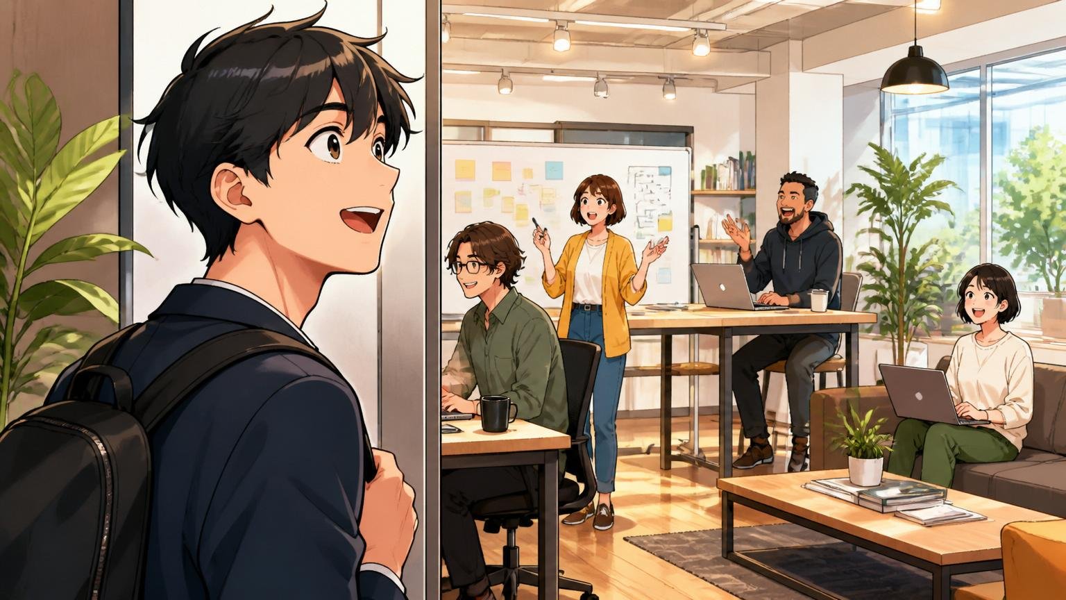 方向転換を考える場合のSES以外の選択肢、Web系スタートアップのオフィスを見学する転職希望者、視野が広がる表情
