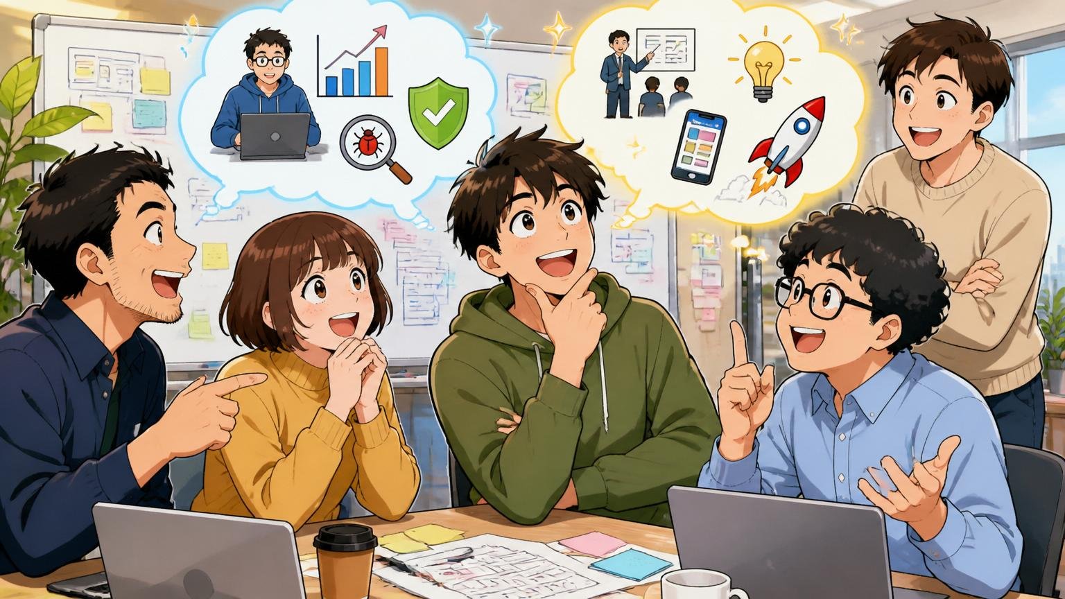 方向転換が向いている人とQA経験が活きる別の道。Web系スタートアップのオフィスで複数人が明るく相談する場面