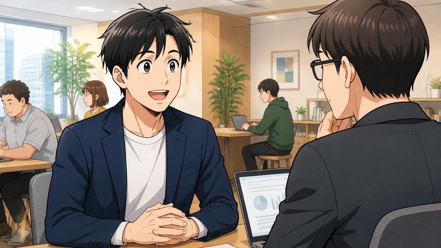 Web系企業のオフィスでキャリア相談を受ける20代男性、アドバイザーと向き合い少し表情が明るくなる