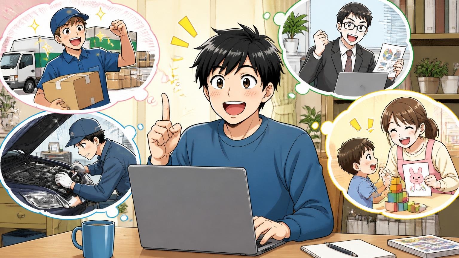 複数の求人を比較し方向転換を考える転職者1人、自宅でノートPCに向かい笑顔で発見