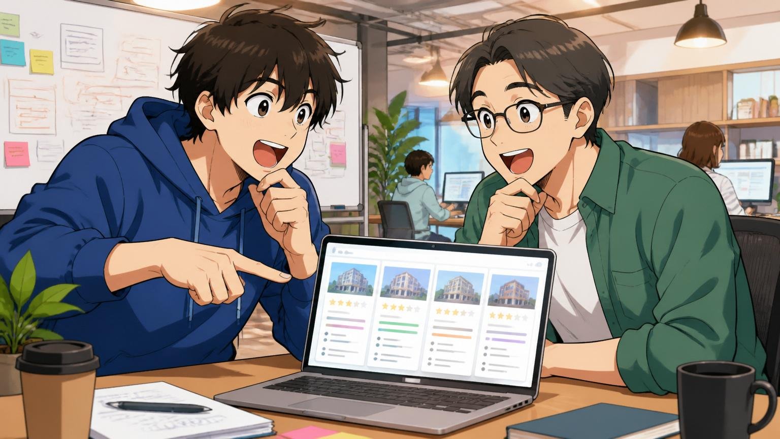 複数の企業の求人を比較検討するエンジニア、Web系スタートアップのオフィスで相談、2人、視野が広がった表情