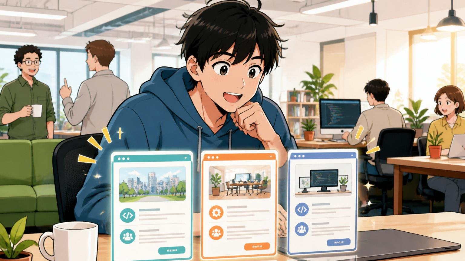 新しい選択肢に目を向けるエンジニア。Web系スタートアップのオフィスで応募者1人が複数の求人を見比べて前向きな表情