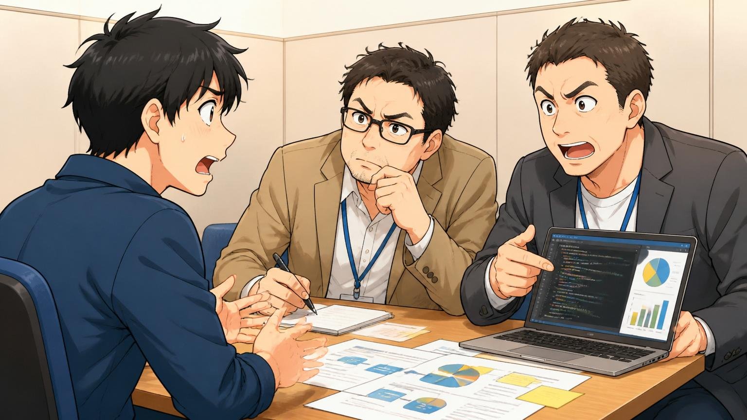 プロに原因を客観診断してもらう。面談ブースで相談する男性エンジニアとアドバイザー2人