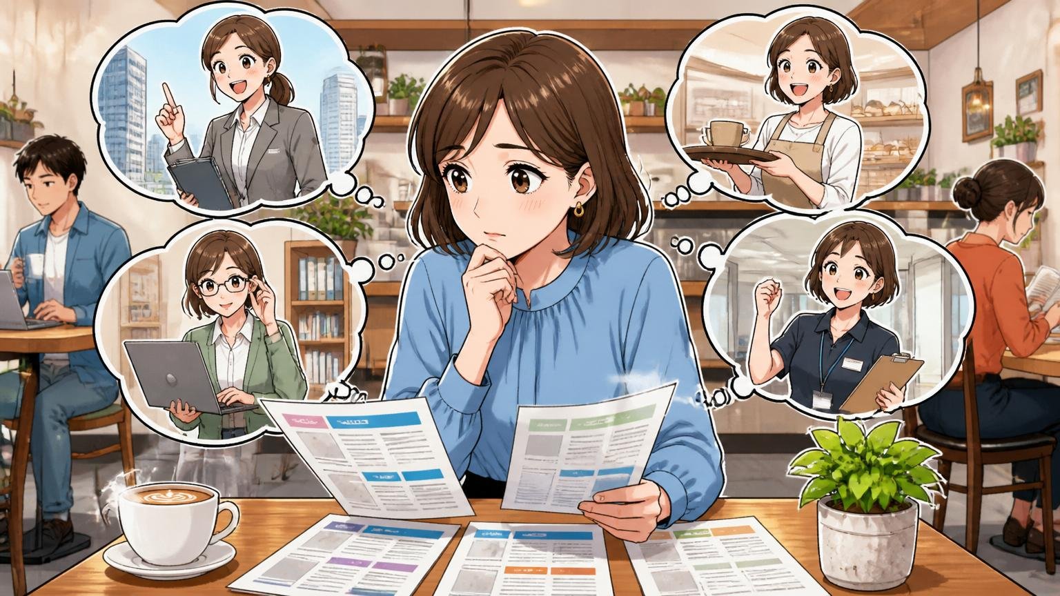 方向転換という選択肢を、カフェで30代女性が複数の求人を比較して考える表情