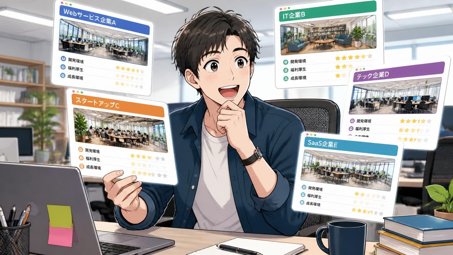 方向転換で複数の優良企業を比較するエンジニア。Web系企業のオフィスで1人が複数の求人を見比べて笑顔になる