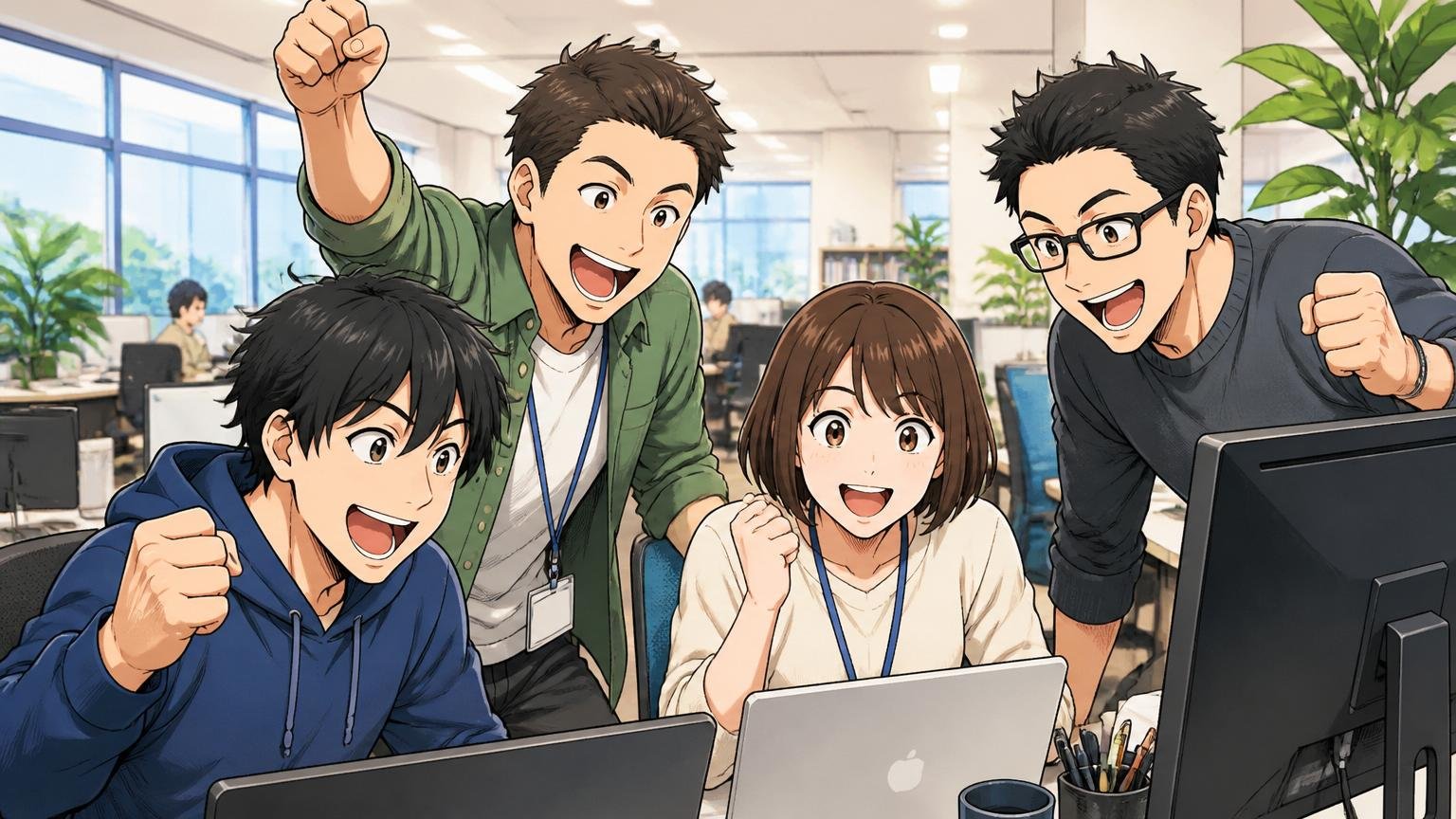 freeeは成長を続け採用も続いている。成長企業のオフィスで働く複数のエンジニア4人、明るい表情