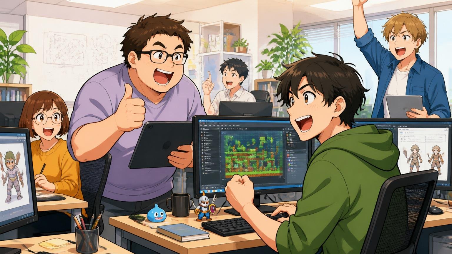 Web系スタートアップの明るいオフィスで生き生きと働く複数のゲーム開発エンジニアたち