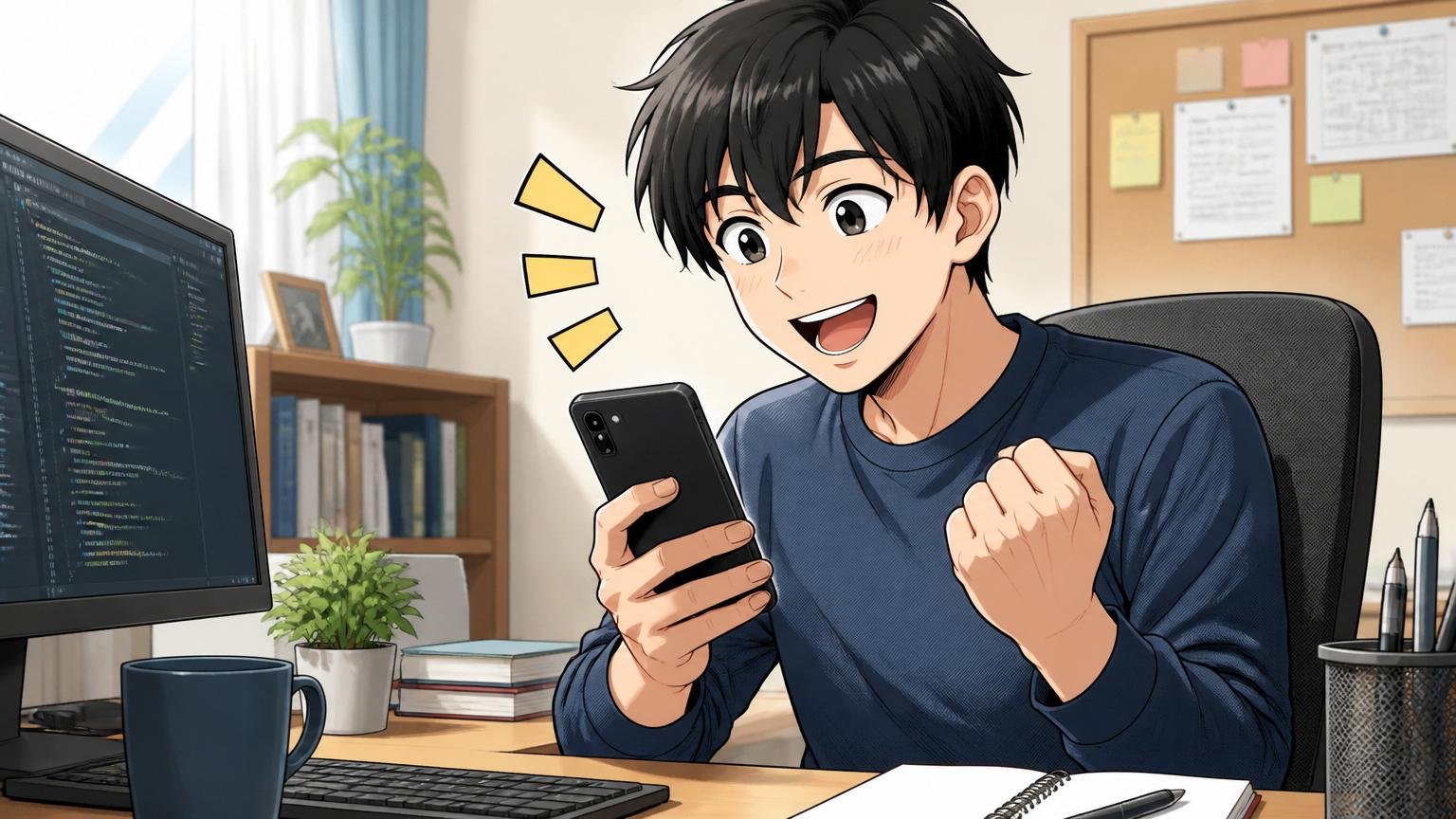 自宅のデスクでスマホからIT転職エージェントに無料登録する若手エンジニア1人が安心した表情