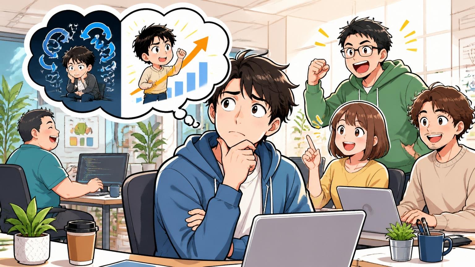 方向転換を考えるべき人と悲観しなくていい理由 明るいWeb系スタートアップのオフィスで前向きに働く複数のエンジニア