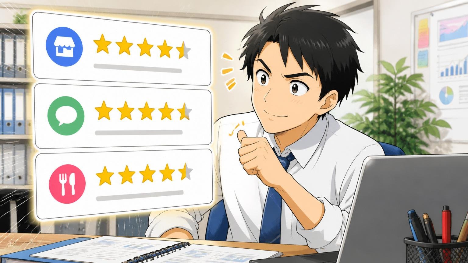 オフィスで複数の評価サイトの星の数を見比べ、納得した表情でうなずく社員1人