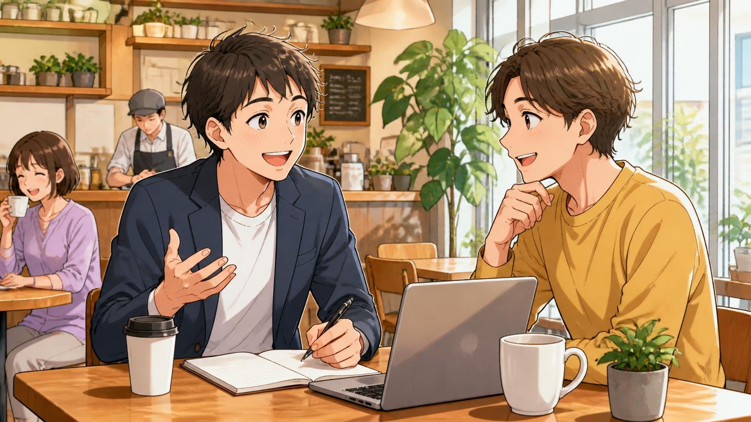 良い評判もある。明るいカフェで担当アドバイザーと笑顔で和やかに面談するフリーランス2人