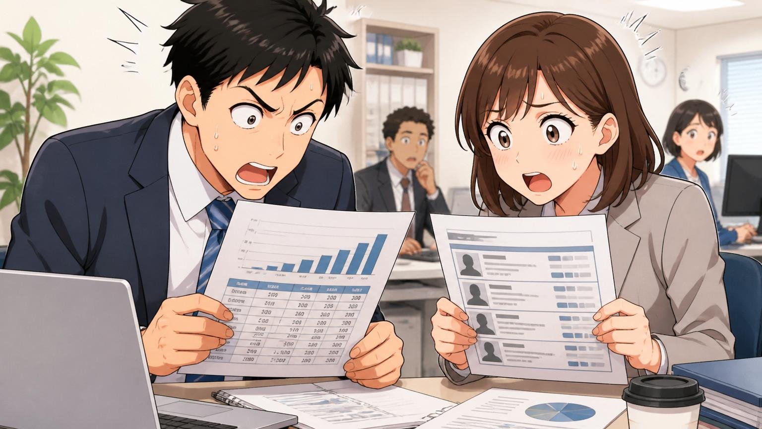 職種で年収が違うことに気づく。オフィスで給与資料と求人を見比べる30代の男女社員