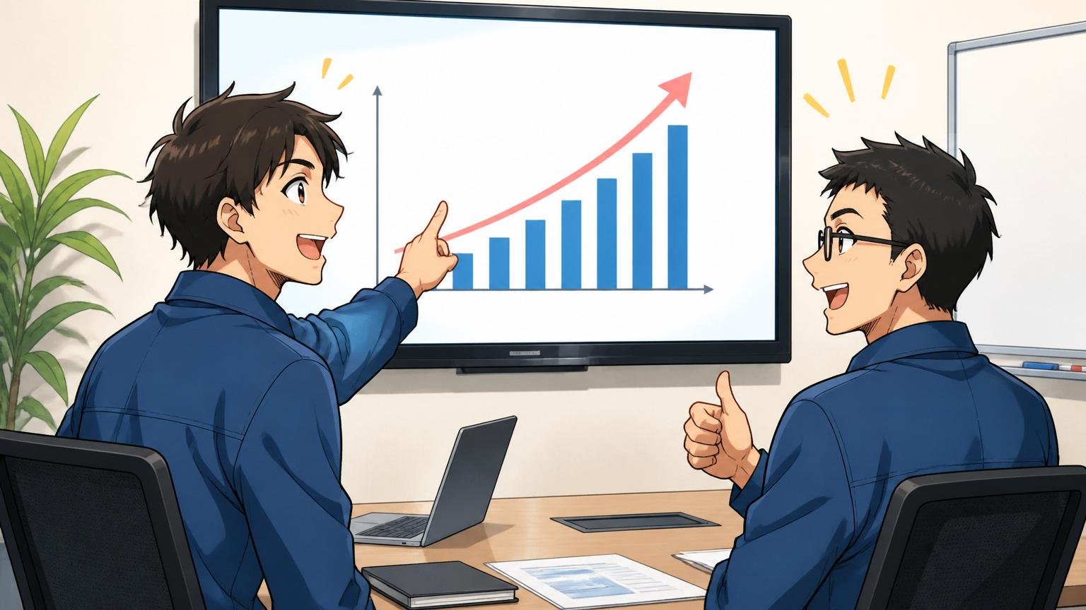 企業の会議室で大型モニターに映る右肩上がりの売上グラフを指さしながら、納得した表情で頷き合う男性エンジニア2人