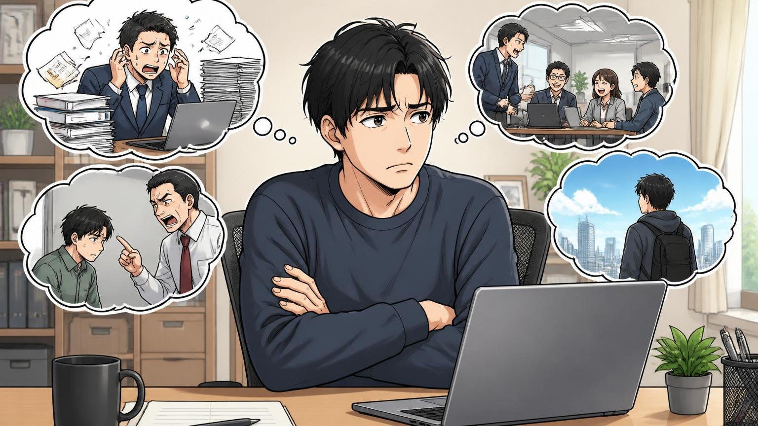 Gizumoが向いていない人、自宅のデスクで在宅勤務する30代エンジニアが腕を組み転職を悩む表情