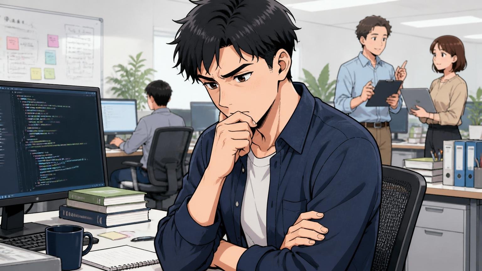 自分には合わないと気づくエンジニア、企業のオフィスで一人が腕を組んで考え込む真剣な表情