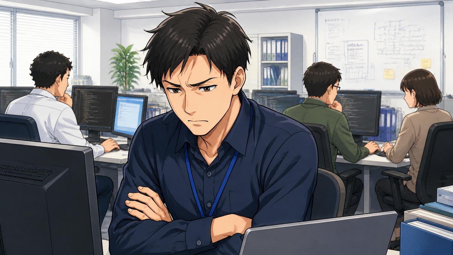 IIJプロテックが向いていない人、SES企業のオフィスで腕を組み眉をひそめて深く悩む表情を浮かべる30代男性エンジニア1人