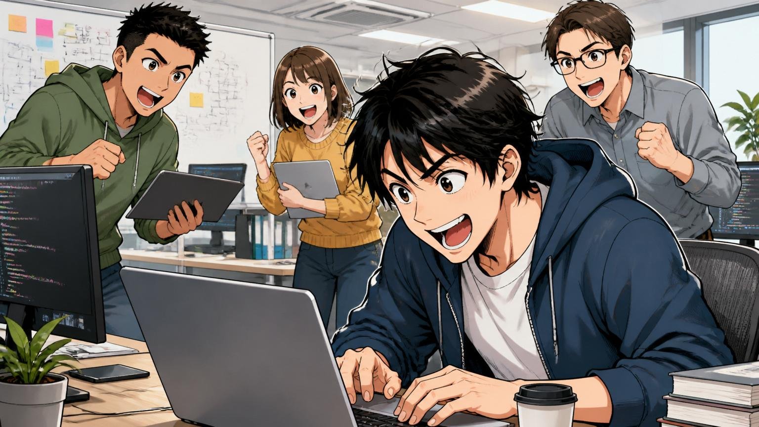 NCDが向いていない人。モダンなWeb系オフィスで若手が新技術に挑み意欲的な表情