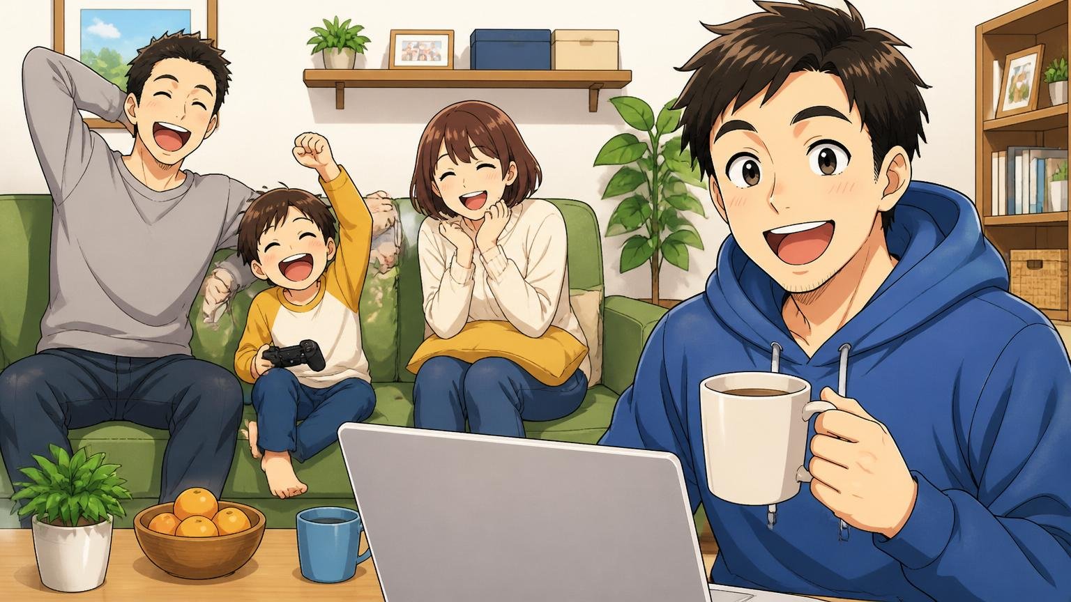 休みやすさ・安定性、自宅のリビングで休日にくつろぐ家族と笑顔のエンジニア1人