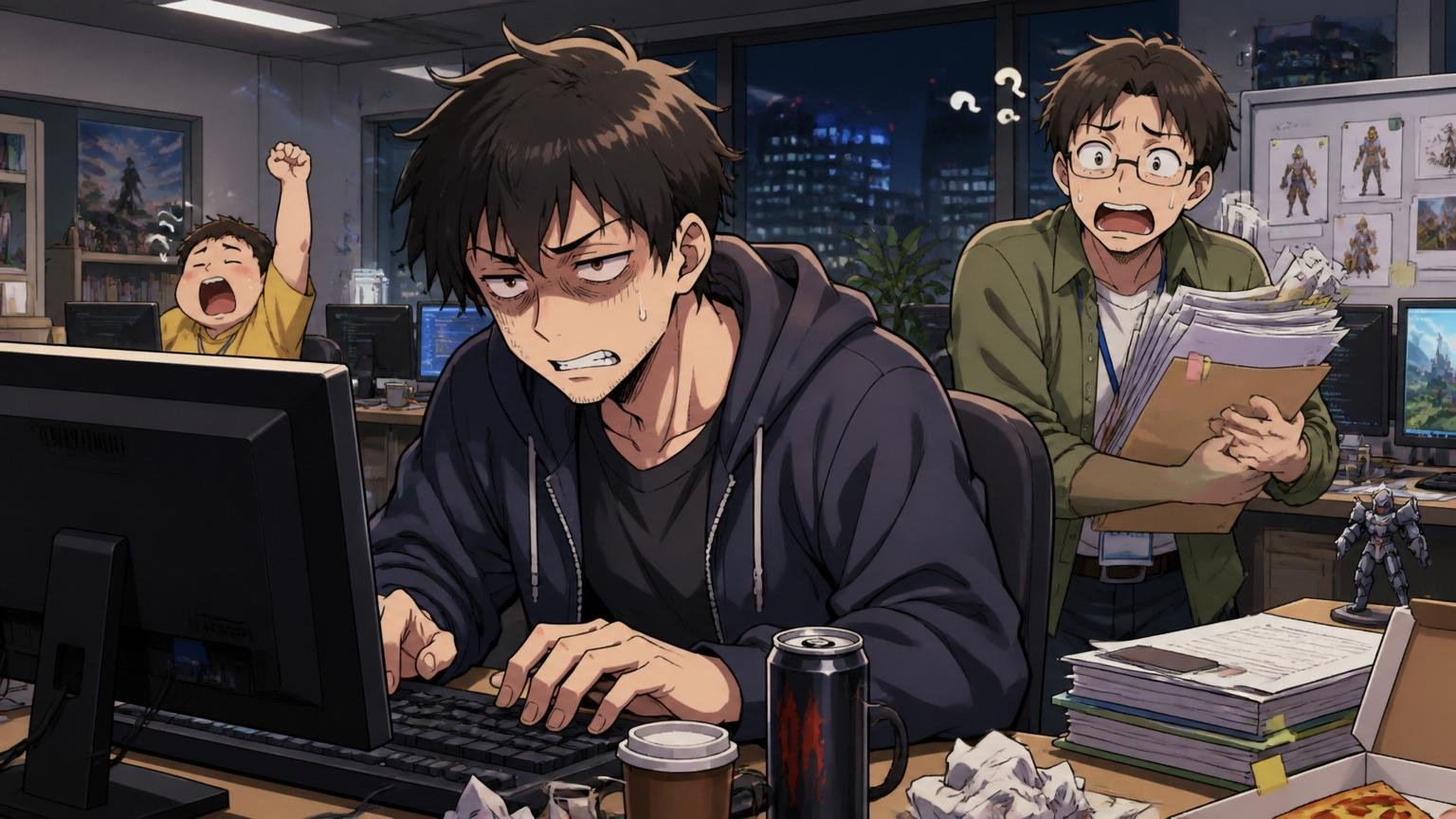深夜のゲーム開発オフィスで、モニターに向かって疲れた表情で残業を続ける男性社員と、書類を抱えて困惑する同僚