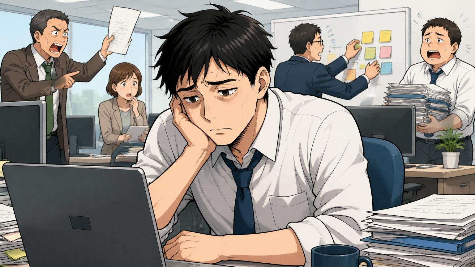 ネガティブな声:方針の変化スピード・待遇。IT企業の窓際で社員1人が疲れた表情で頬杖をつく
