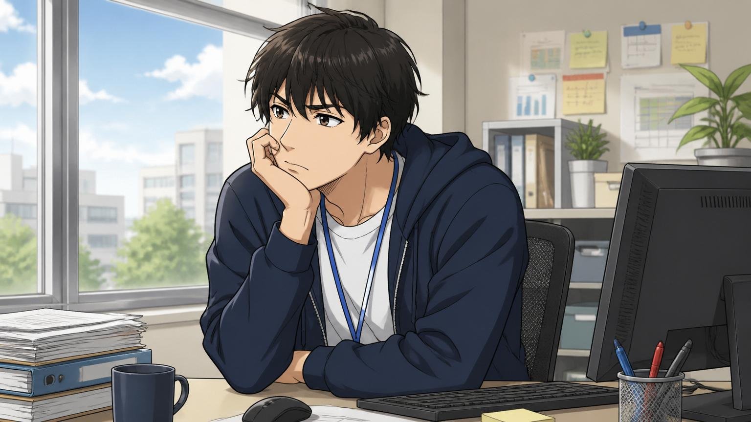 OKIソフトウェアが向いていない人｜窓際で物足りなさそうに考え込む20代の若手男性エンジニア1人