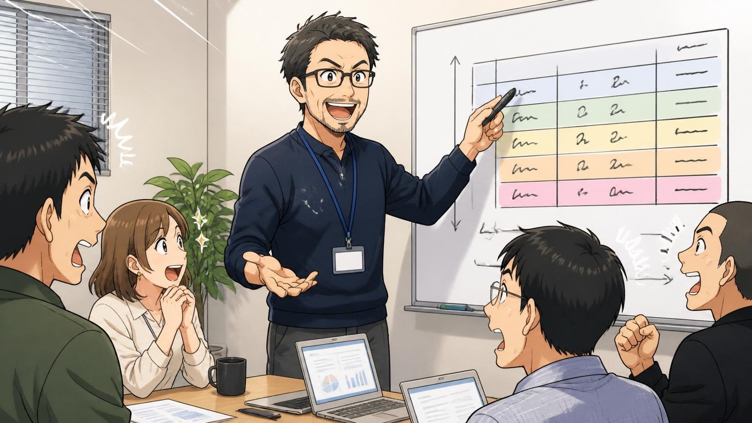 SaaS企業の会議室でPCを開きながら年収レンジ表をホワイトボードに書き出して説明する40代テックリード男性1人