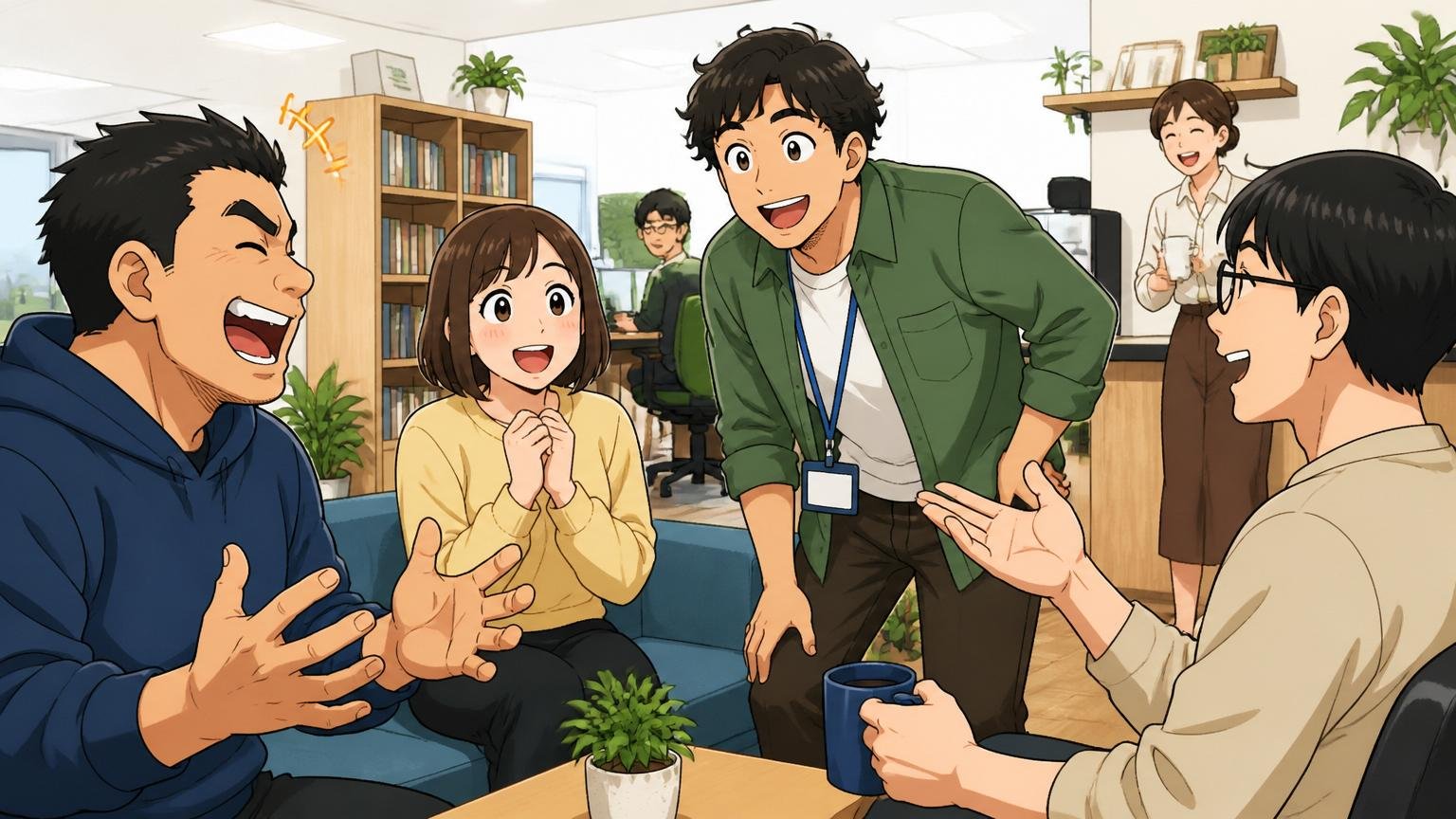 オフィスで談笑し打ち解けた様子の同僚たち数名、明るいIT企業の休憩スペースで和やかな表情