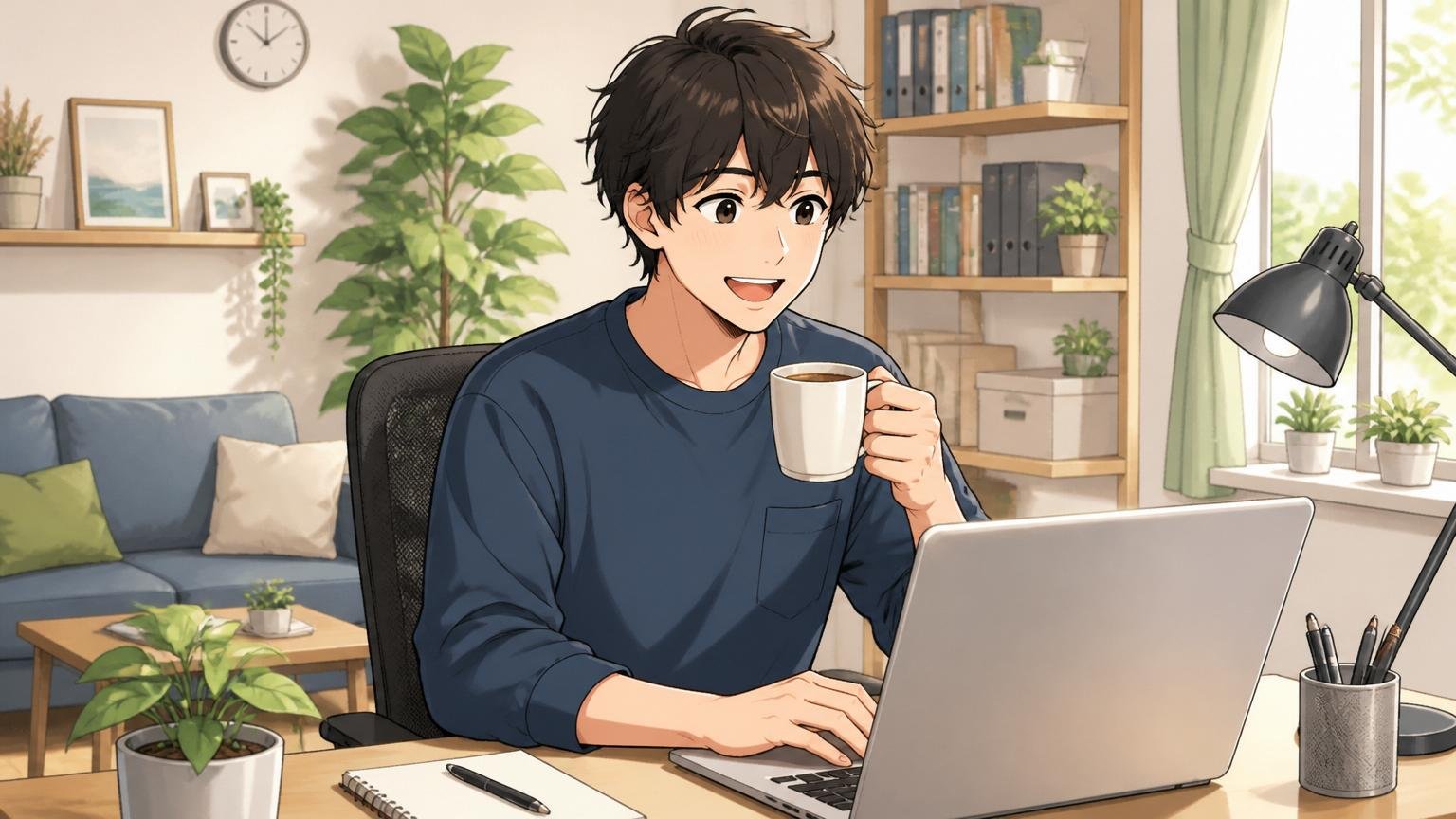 20代の待遇とワークライフバランス 自宅のデスクで在宅勤務する20代社員1人がリラックスした表情でコーヒー片手に作業