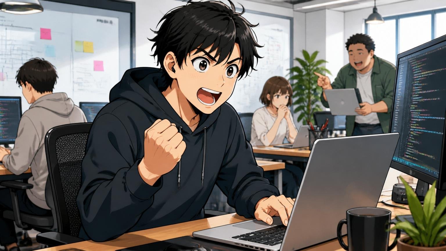 PCIソリューションズに向いていない人。Web系スタートアップのオフィスで成果主義を求める20代男性エンジニアが意欲的な表情