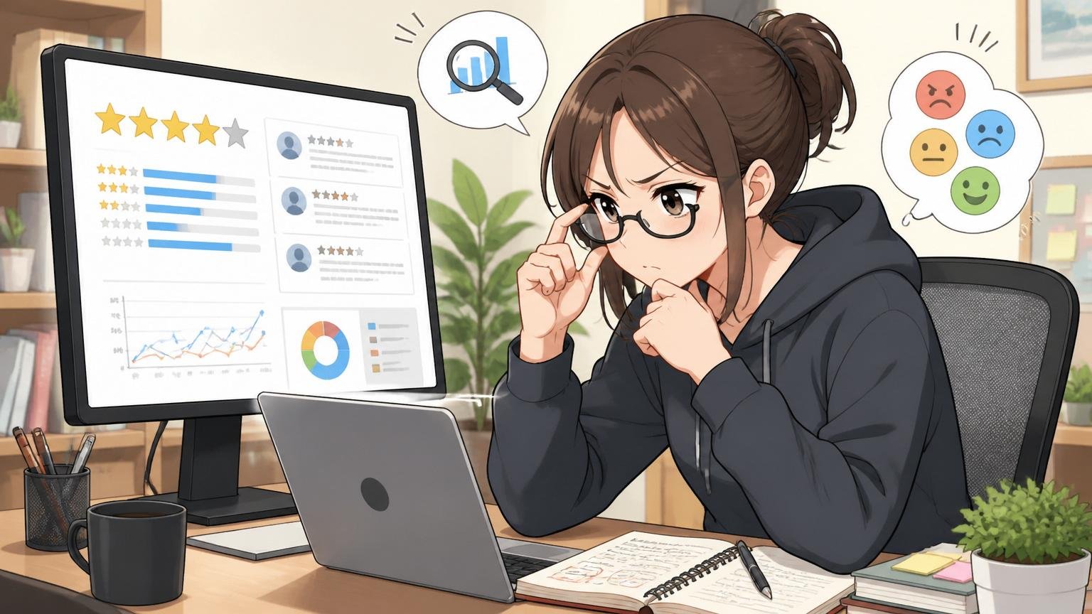 口コミスコアの読み方、自宅のデスクで在宅勤務の女性エンジニアがメガネをずらして口コミサイトを冷静に分析する