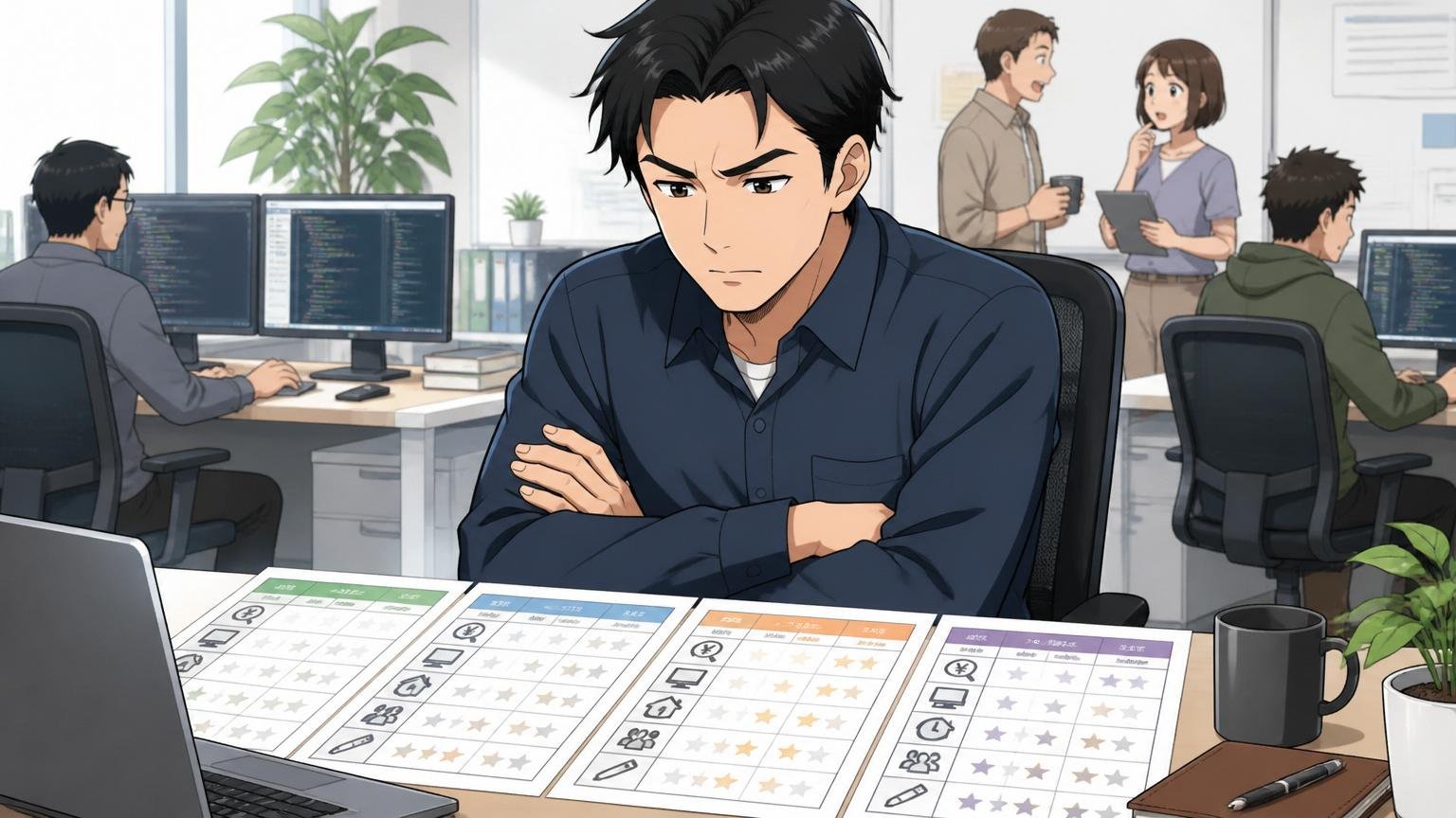 オフィスで腕を組み転職先の条件を慎重に比較検討する30代の落ち着いた表情の男性エンジニア
