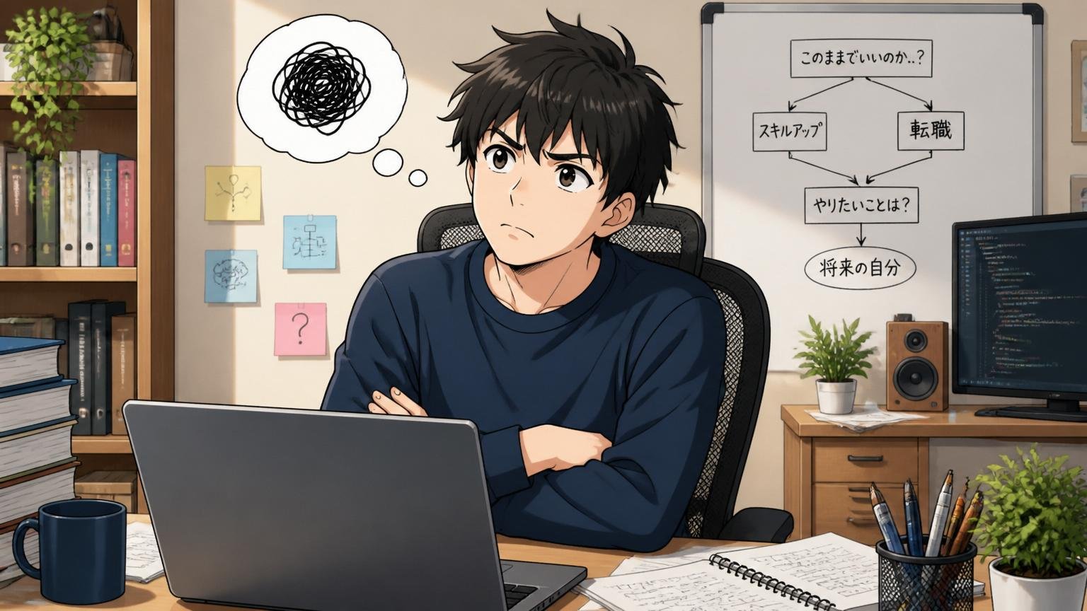 自分のキャリアに迷う場面。自宅のデスクで在宅勤務中にPCの前で腕を組み考え込む20代男性エンジニア1人
