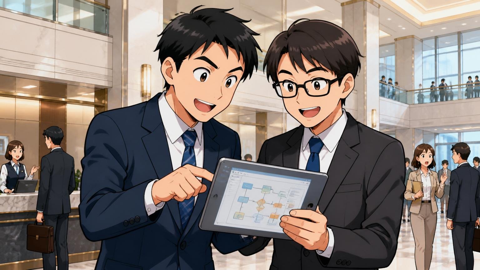 銀行の本店ロビーを背景にスーツ姿のエンジニア2名がタブレットで業務フローを確認、社会インフラを支える誇りある表情。