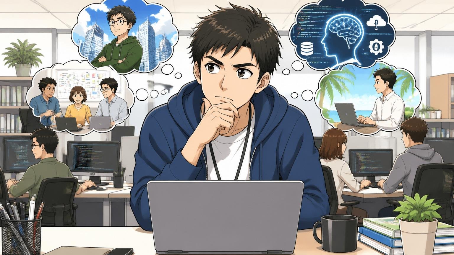 自分の市場価値に合う転職先を考える、Web系企業のオフィスでノートPCを前に思案する30代のITエンジニア